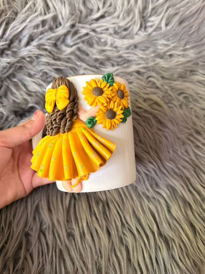 Sun flower girl polymer clay mug