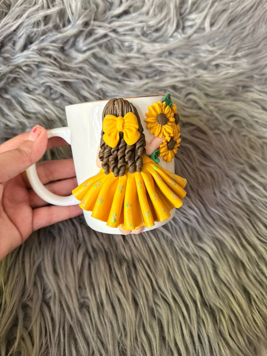 Sun flower girl polymer clay mug